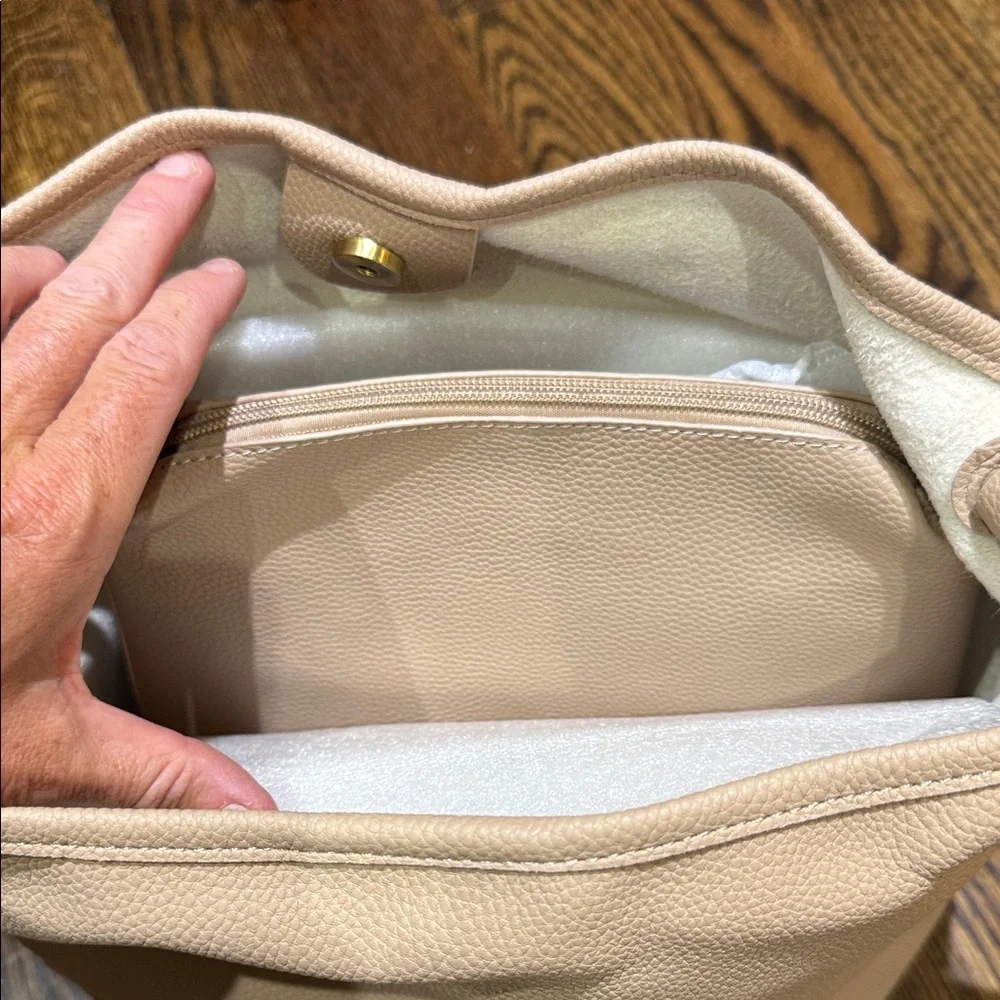 Beige Taupe Pebbled Leather Slouchy Hobo Bag with Link Detail